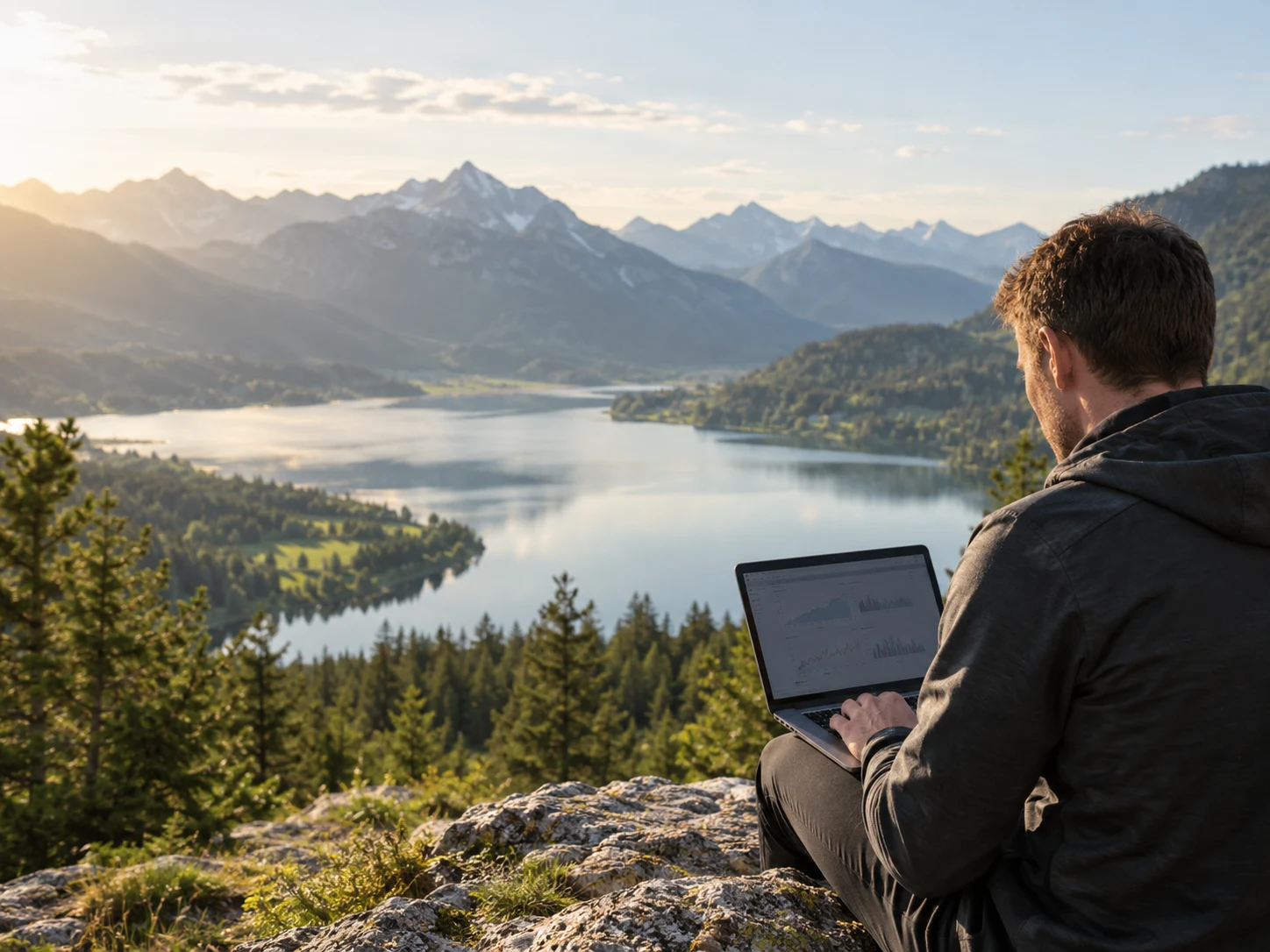Coach with laptop overlooking the mountains